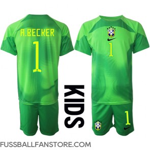 Brasilien Alisson Becker #1 Torwart Replik Auswärtstrikot Kinder WM 2022 Kurzarm (+ Kurze Hosen)
